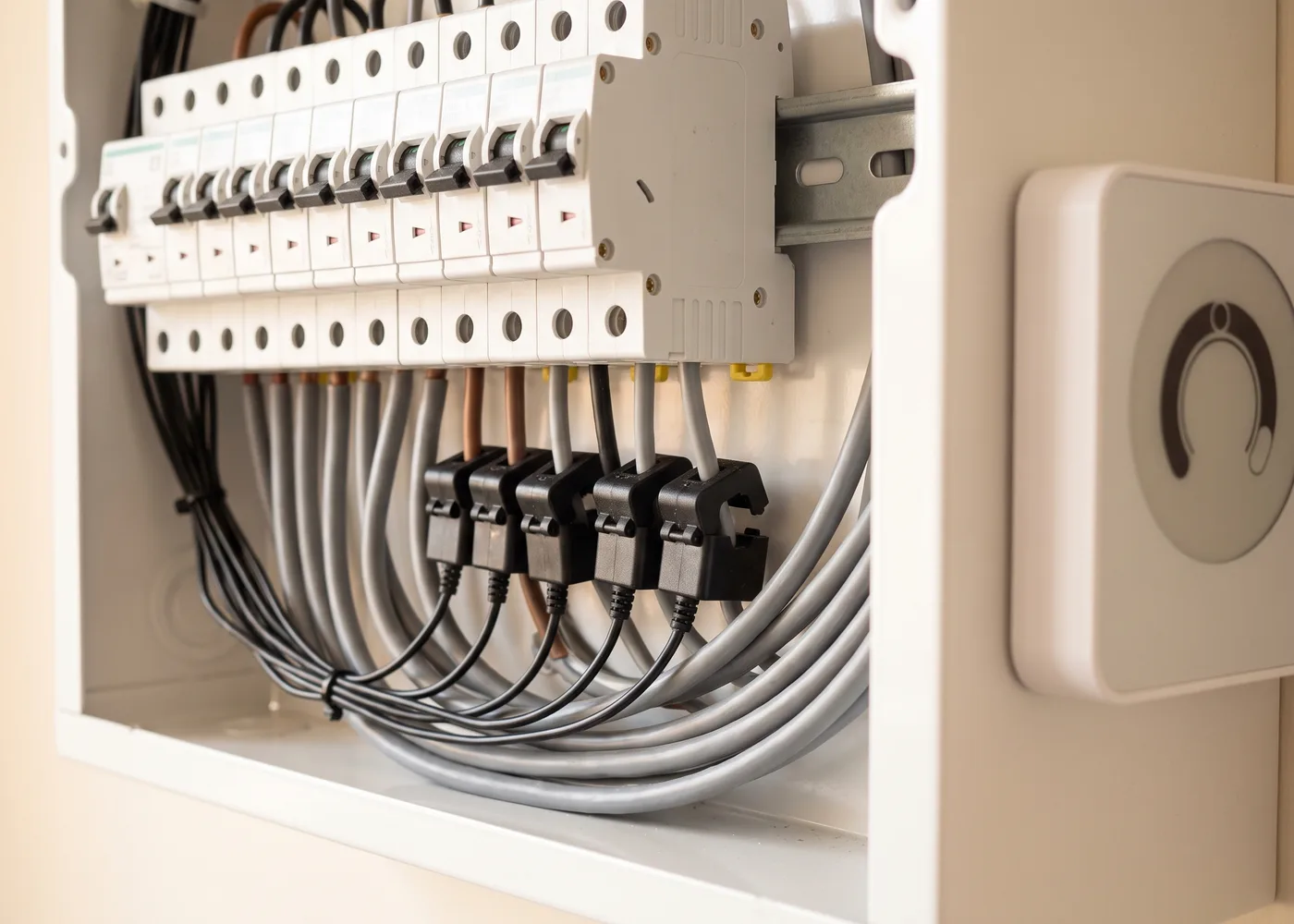 Northvane clamp sensors closed around individual cables inside a consumer unit, with the monitoring hub alongside