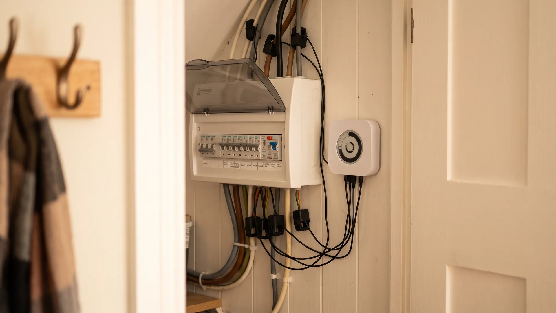 An under-stairs consumer unit with Northvane clamp sensors on the circuit cables and the monitoring hub fitted beside it