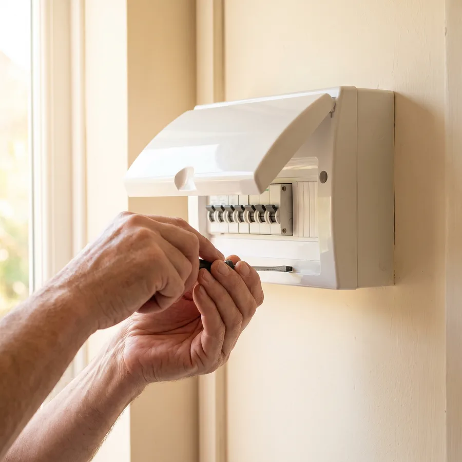 Opening the consumer unit cover to reach the circuit cables