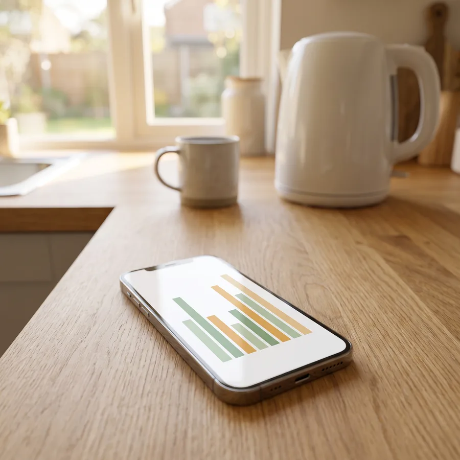 A phone on a kitchen counter showing the live per-circuit breakdown after pairing