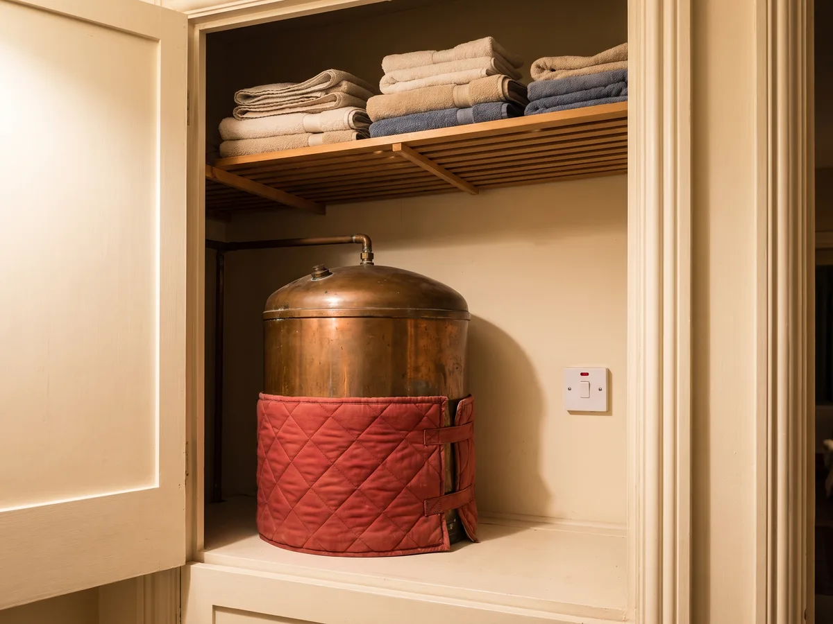 A hot water cylinder in an airing cupboard, with the immersion heater switch beside it