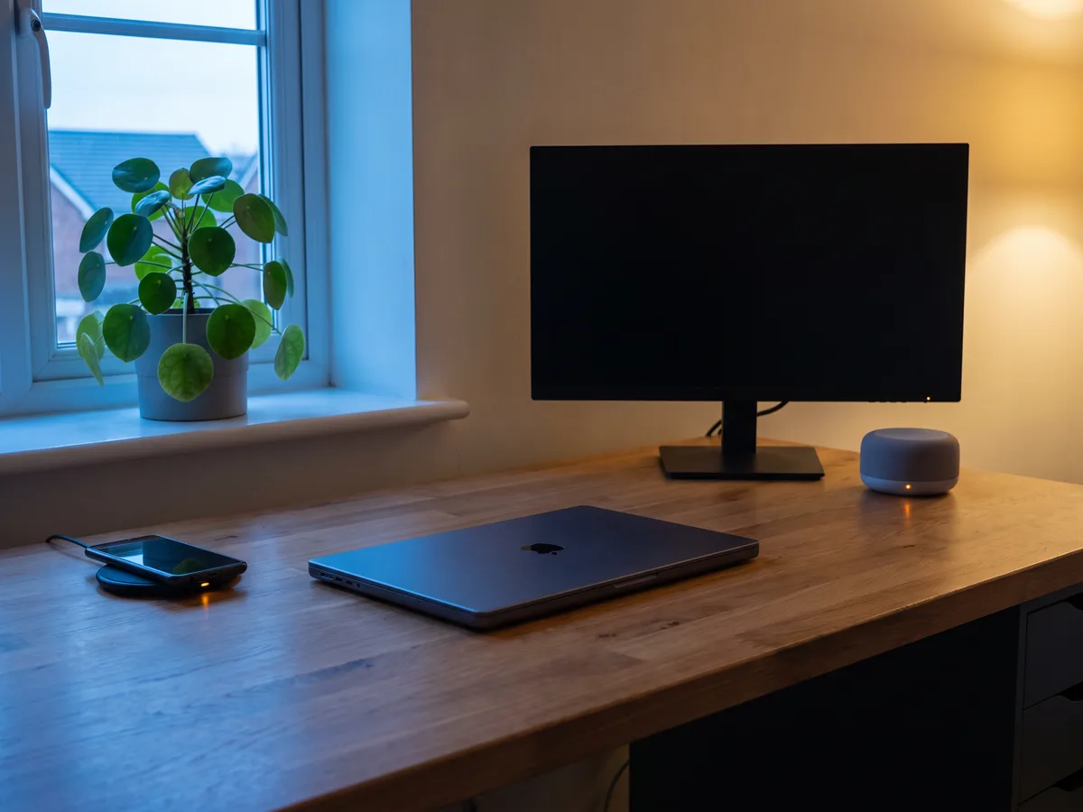A home office desk at dusk with a sleeping monitor, chargers and standby lights
