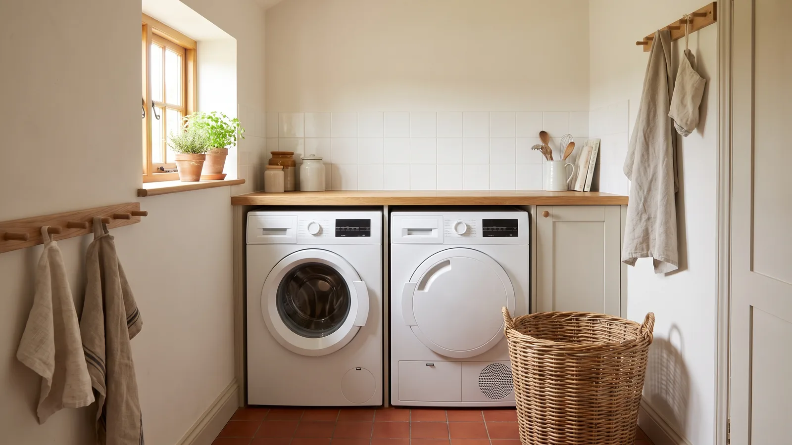 A washing machine and tumble dryer side by side in a utility room